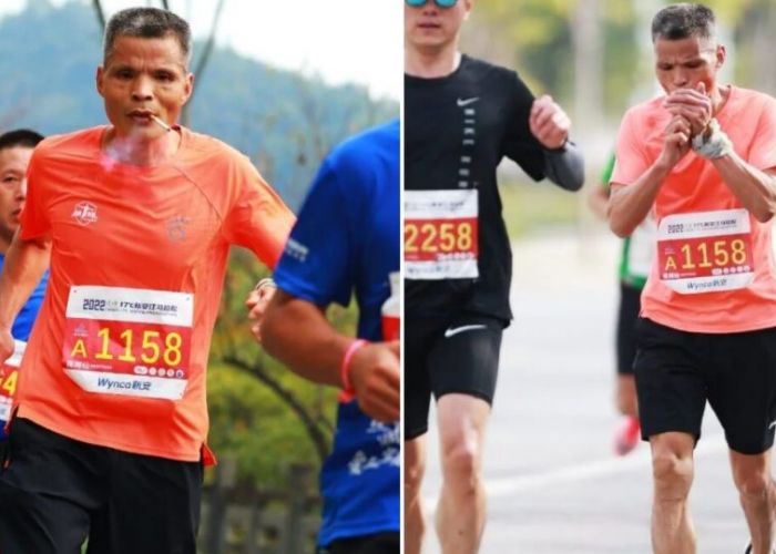 Un bărbat de 50 de ani a alergat un maraton în timp ce a fumat un pachet întreg de ţigări. Imagini virale